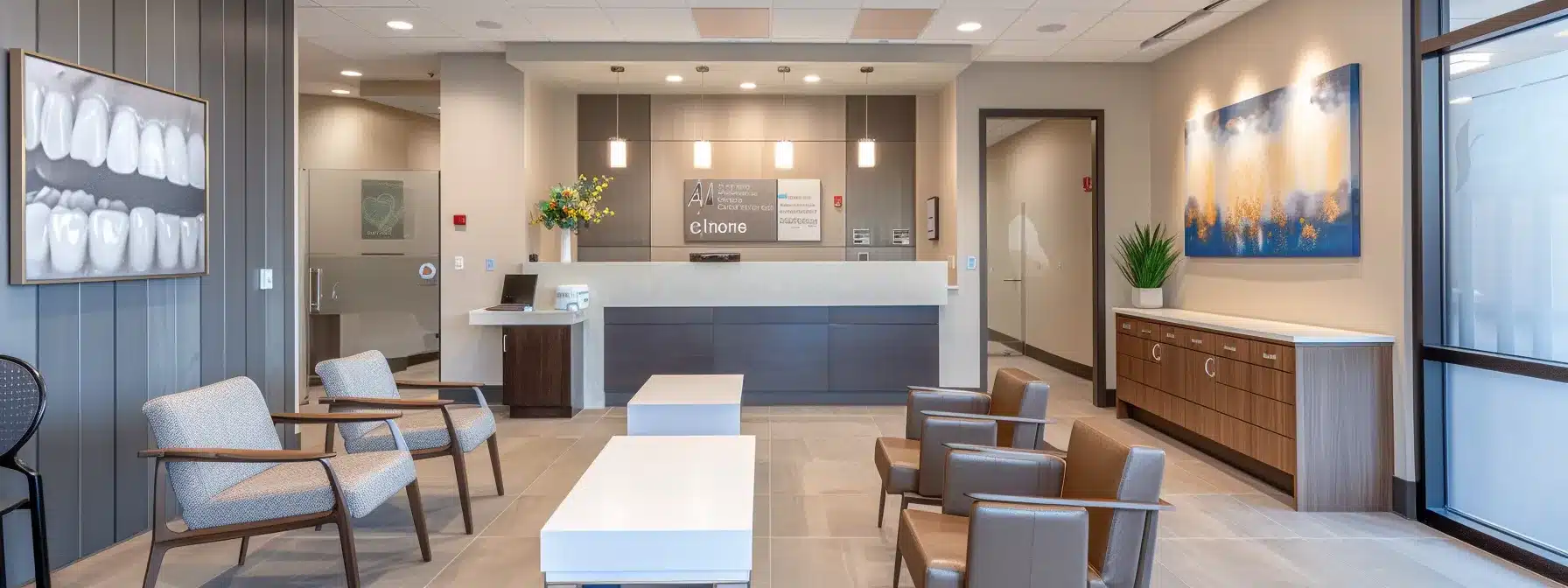 a modern dental clinic in denton, featuring a confident patient smiling brightly in a sleek, well-equipped treatment room, showcasing the professionalism and care associated with expert dental implant services.