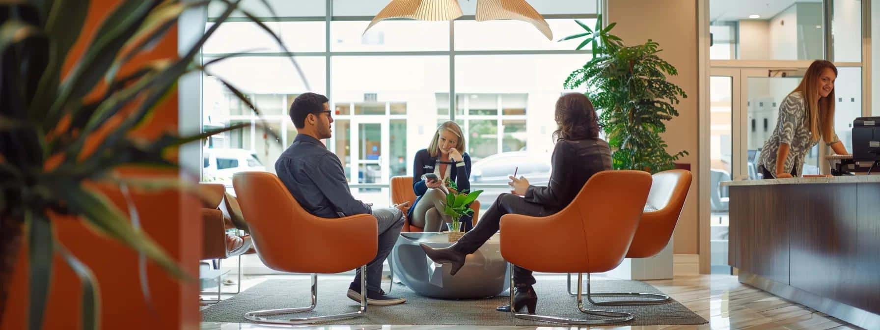 a modern dental clinic in denton, featuring sleek, state-of-the-art equipment and a focus on financial consultations, with patients discussing insurance and payment options in a bright, professional office environment.