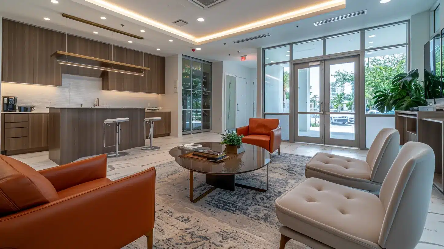 a modern dental clinic in lake worth features a sleek consultation room with state-of-the-art technology, where an attentive dentist engages a patient in a discussion about the transformative benefits of dental implants under warm, inviting lighting.