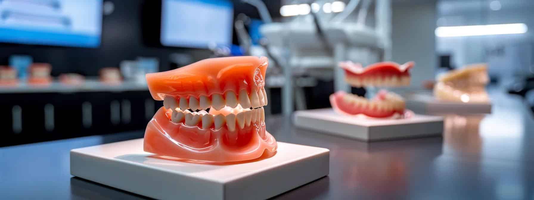 a modern dental clinic in fort worth, featuring an array of affordable denture types displayed prominently on a sleek, contemporary consultation desk, with bright, clinical lighting illuminating the high-quality acrylic prosthetics and metal frameworks of the dentures.