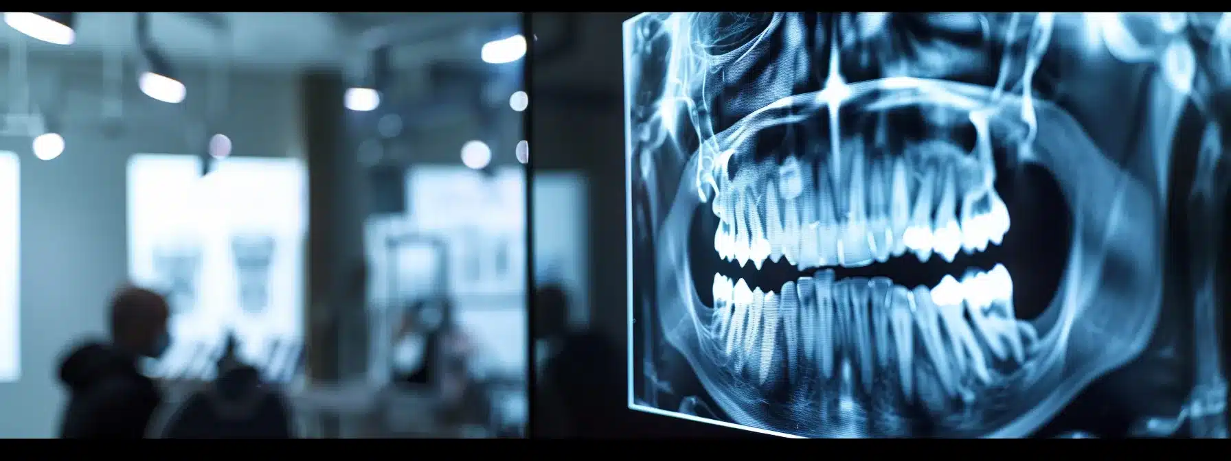 a modern dental clinic interior features a focused dentist examining advanced imaging of a patient's jawbone, highlighting the crucial assessment of risk factors for dental implants on a sleek digital display.