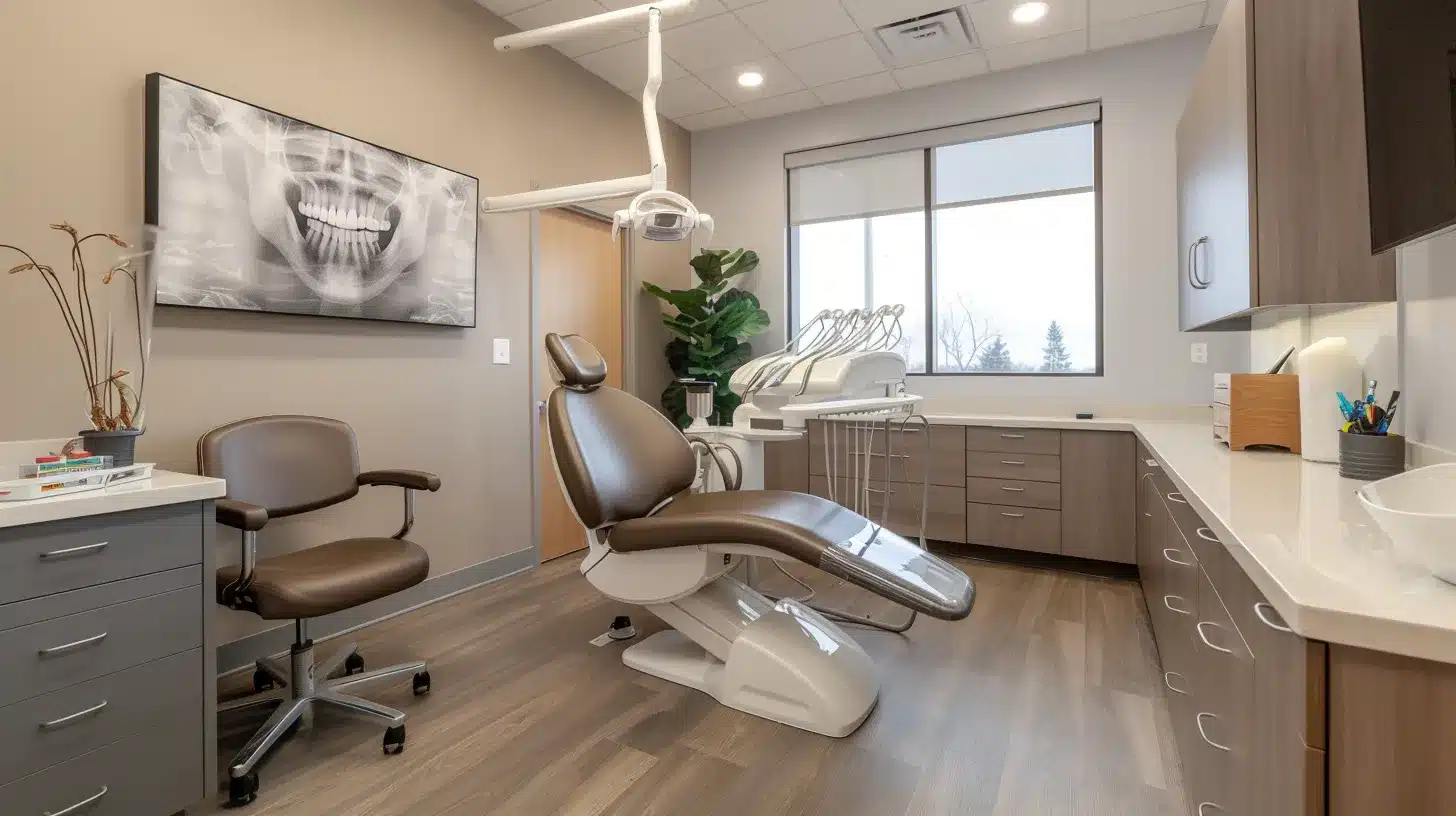 a modern dental clinic interior showcases a state-of-the-art dental chair with a focus on an all-on-4 dental implant setup, featuring a sleek surgical tray and advanced imaging technology under bright, sterile lighting.
