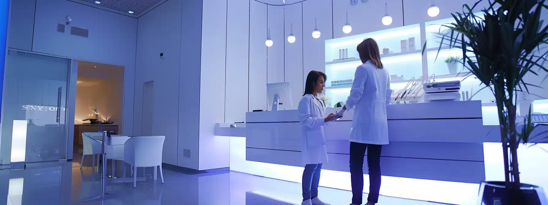 a modern dental clinic interior, featuring a confident patient consulting with a professional dentist in a sterile environment, illuminated by bright, clinical lighting, highlighting the dental implant procedure's seriousness and the importance of proper care to ensure success.