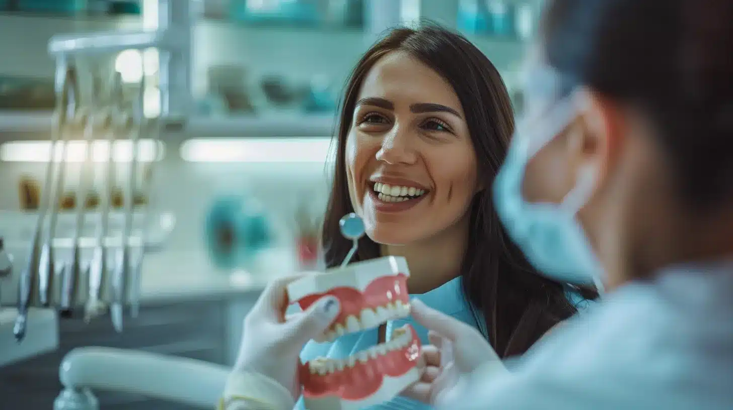 a modern dental clinic interior features a confident patient consulting with a dental professional, surrounded by advanced dental equipment and detailed anatomical models highlighting the transition from dentures to dental implants.