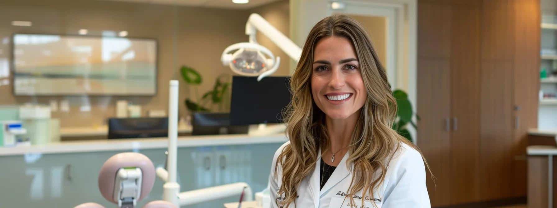 a modern dental clinic interior showcases a confident patient smiling with newly fitted immediate dentures in a sleek, high-tech environment, emphasizing comfort and innovative dental care.