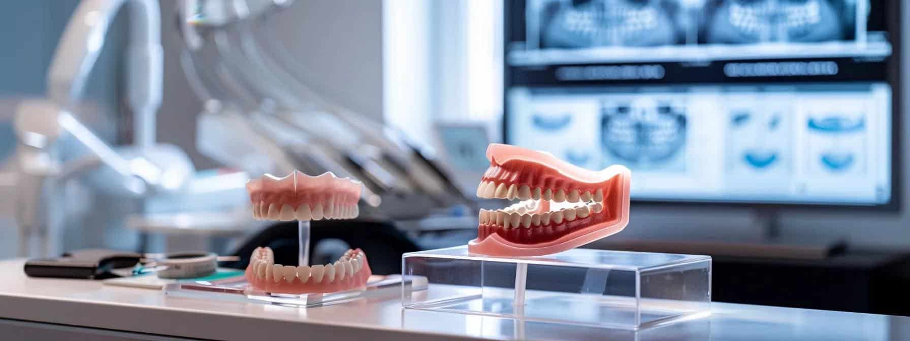 a modern dental clinic interior showcases a sleek workstation equipped with advanced dental technology, featuring a close-up of a realistic dental implant model and a comparison chart highlighting the longevity of implants, bridges, and dentures against a clean, professional backdrop.