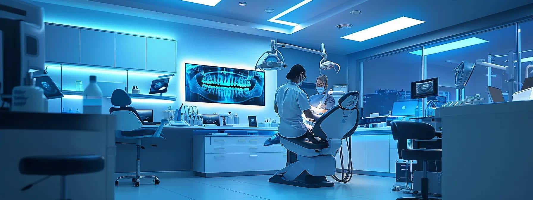 a modern dental clinic interior showcases a professional technician using advanced digital imaging technology to create a custom denture, surrounded by sleek design elements and comfortable consultation areas for patients in denton.