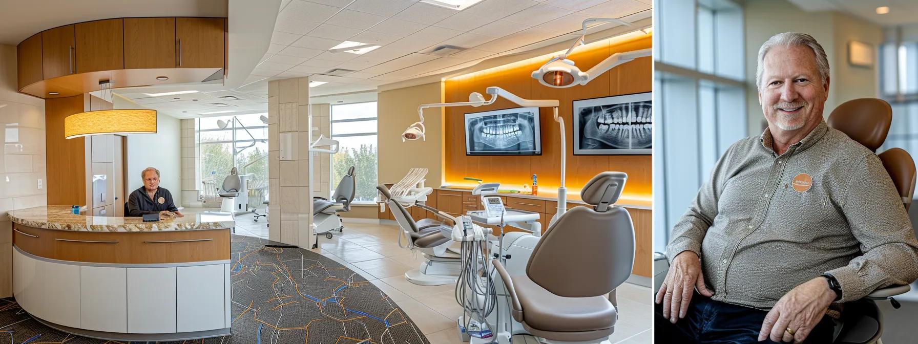 a modern dental clinic interior showcases a patient comfortably seated in a sleek dental chair, surrounded by advanced imaging equipment and a serene atmosphere, as a dentist consults with them about the innovative process of implant integration for dentures.