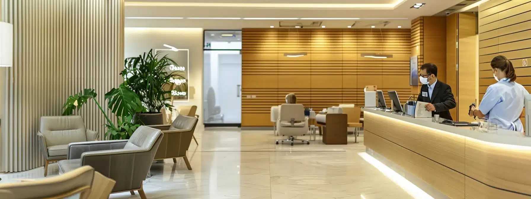 a modern dental clinic interior showcases a confident patient discussing options with a professional dentist, emphasizing advanced dental implant solutions and technology in a bright, sterile environment.