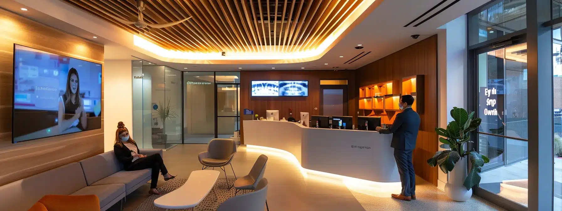 a modern dental clinic interior, featuring a skilled dentist consulting with a patient over advanced dental imaging displaying treatment options for gum recession, illuminated by soft overhead lighting that enhances the clinical ambiance.