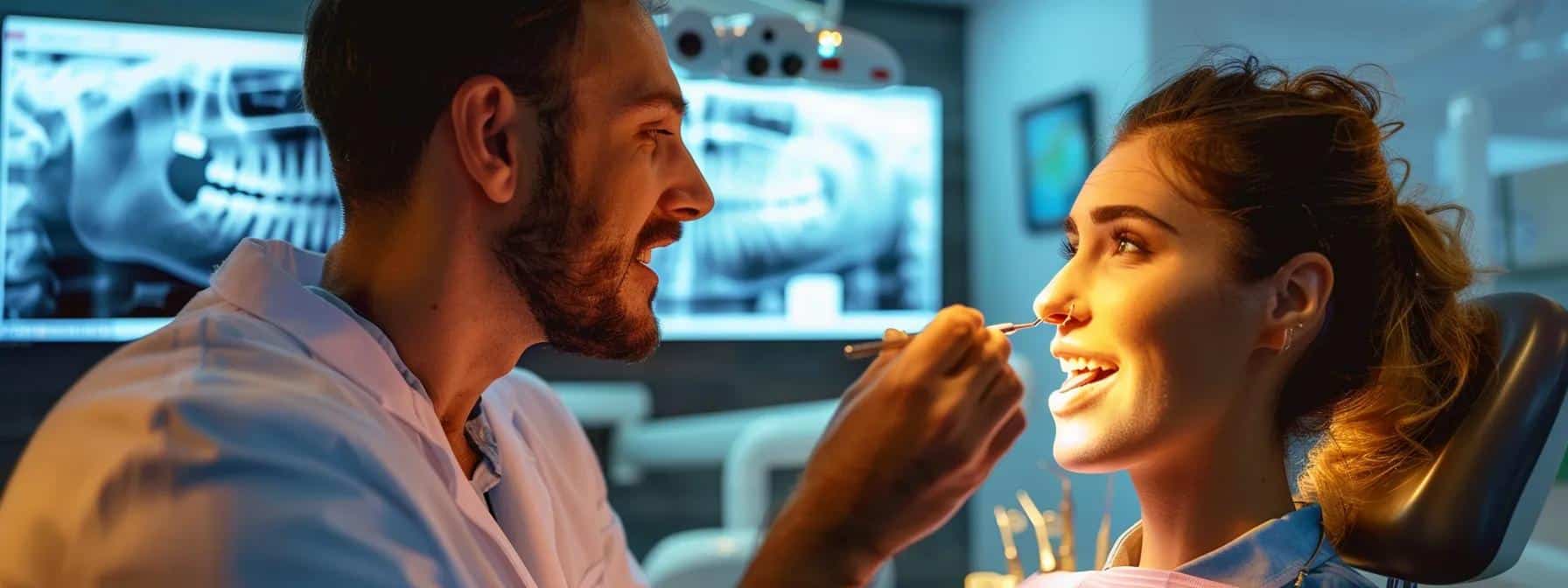 a modern dental clinic interior featuring a focused consultation between a board-certified prosthodontist and a patient, illuminated by warm artificial lighting, with dental tools and a digital display of treatment options clearly visible in the background, conveying professionalism and patient care in implant dentistry.