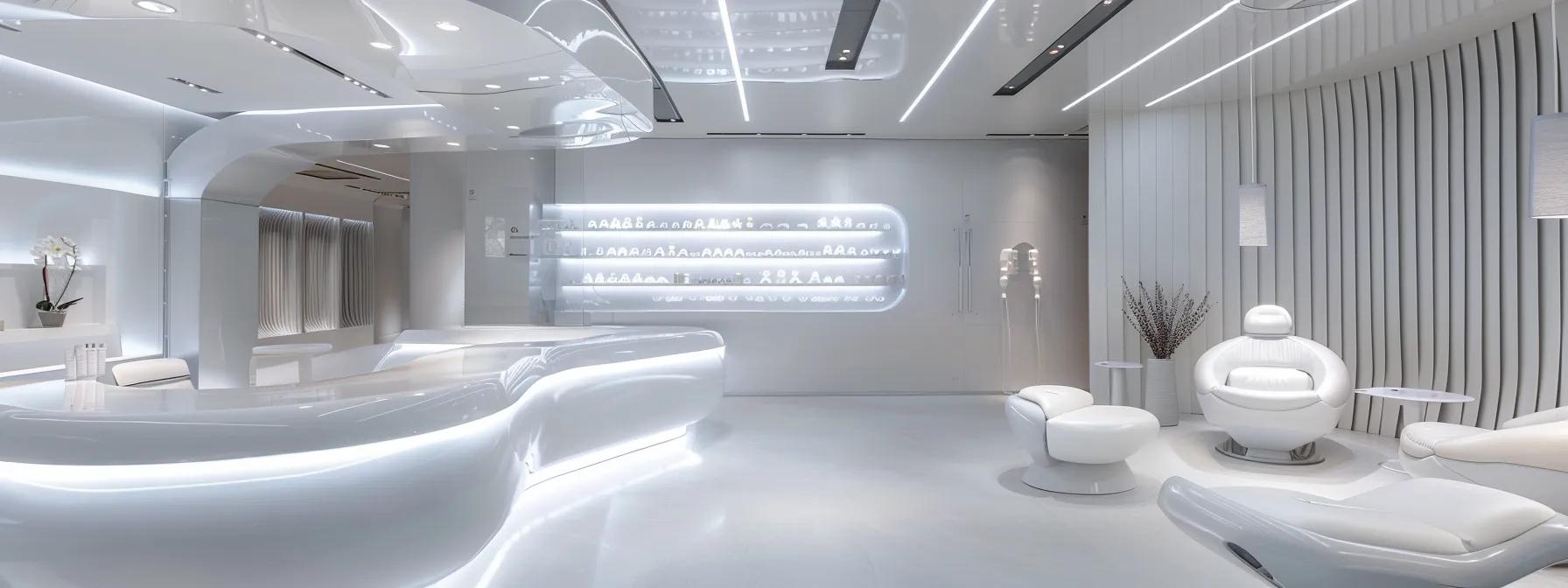 a modern dental clinic interior showcases a sleek consultation area, featuring state-of-the-art dental technology, pristine white furnishings, and an elegant display of dentures in various materials, emphasizing the professional atmosphere and the diverse pricing options for patients.