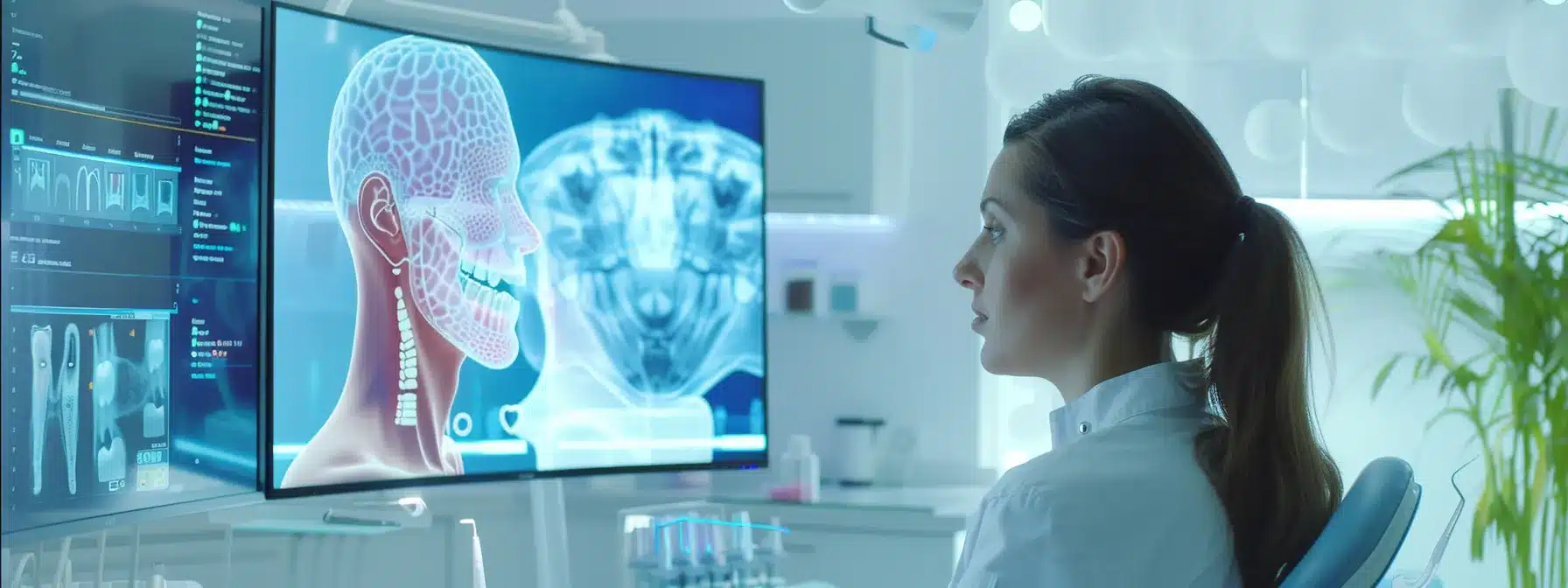 a modern dental clinic interior showcases a patient receiving consultation about dental implants, surrounded by advanced equipment, sleek furnishings, and informative visuals illustrating the benefits for gum health and post-operative care.