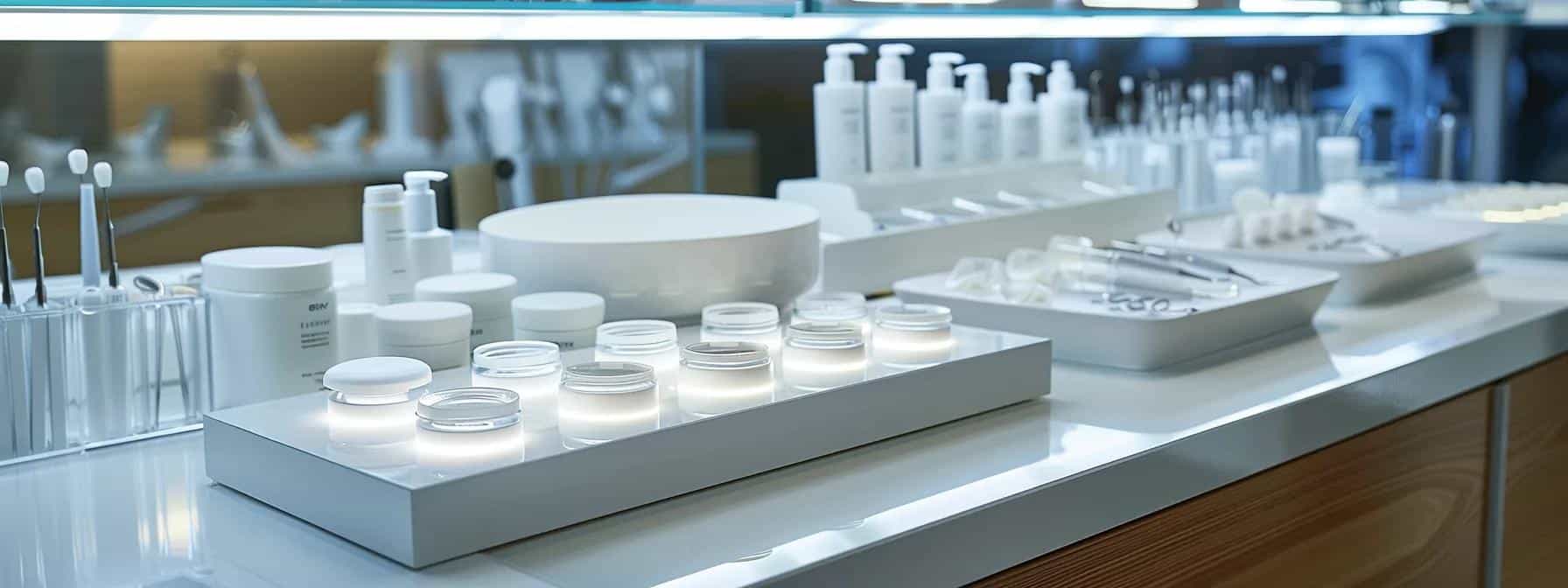 a modern dental clinic interior showcases a sleek, well-organized workstation with a variety of immediate denture materials prominently displayed, highlighting acrylic resin and thermoplastic options under bright, clinical lighting to emphasize their features and benefits.