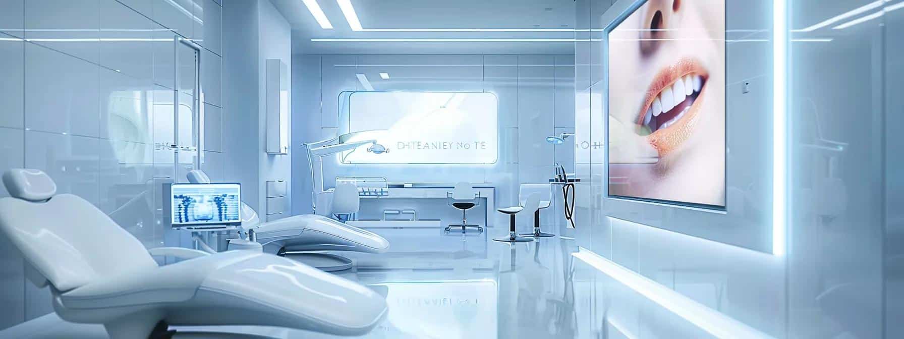 a modern dental clinic interior showcases a sleek consultation area, featuring a sophisticated display of implant-supported dentures alongside high-tech dental equipment, conveying the innovative blend of stability and affordability for advanced dental solutions.