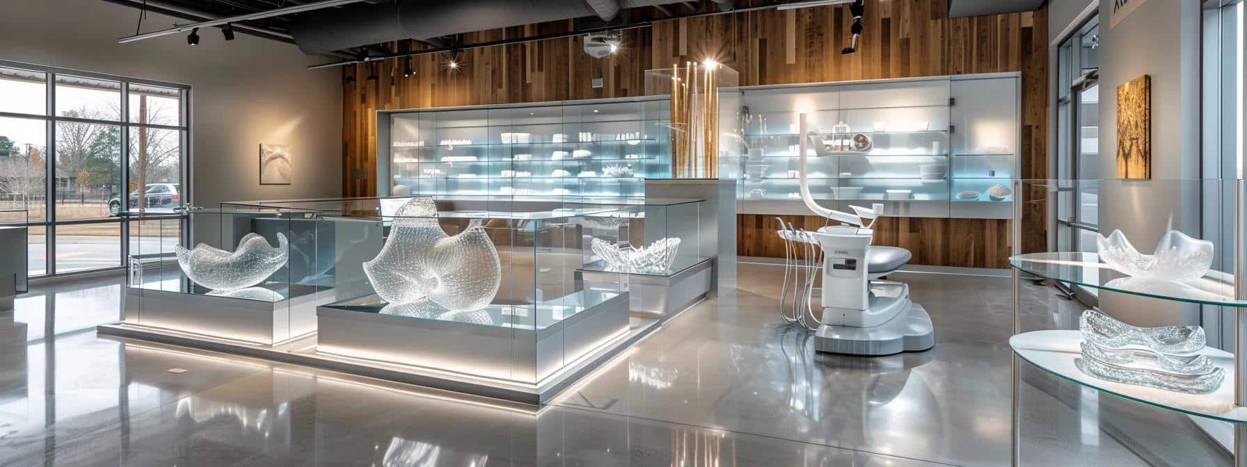 a modern dental clinic interior features a sleek examination chair and advanced dental imaging equipment, showcasing various types of dentures and implants artistically arranged on a glass display, emphasizing cutting-edge dental solutions available in denton, tx.