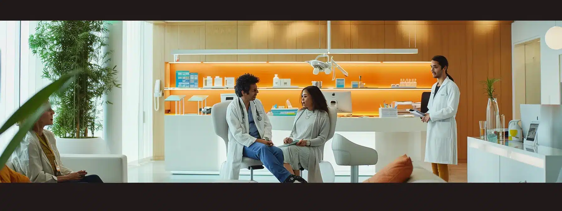 a modern dental clinic interior showcases a diverse group of patients discussing dental implant options with a skilled dentist, surrounded by advanced technology and sleek, clinical furnishings.