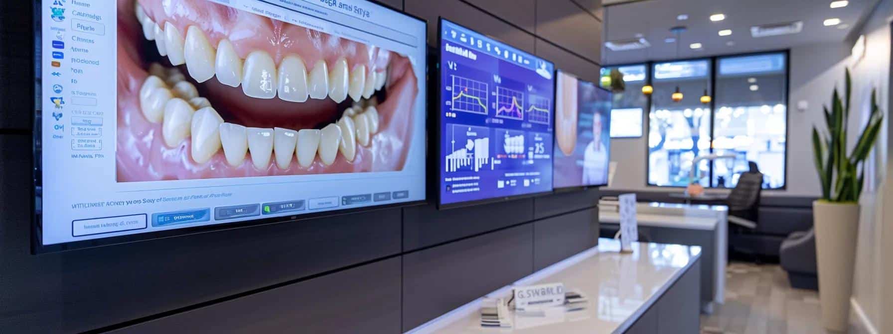 a modern dental clinic reception area displays a sleek cost comparison chart for dentures and implants on an illuminated touchscreen, showcasing transparent pricing and flexible payment plans to encourage informed patient choices.