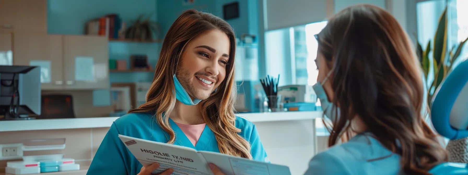 a modern dental clinic reception area in denton, featuring a friendly staff member engaging with a patient over an informative brochure on affordable dental implant options, illuminated by bright, inviting overhead lighting.