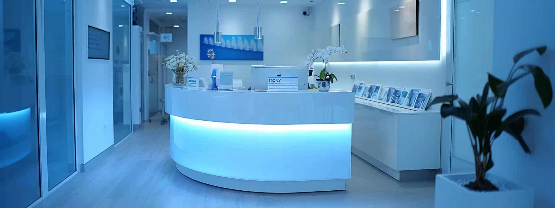 a modern dental clinic reception area showcases a sleek, sophisticated environment with a focus on informative brochures detailing dental implants, bridges, and diverse denture options, illuminated by bright overhead lighting that emphasizes the inviting and professional atmosphere.