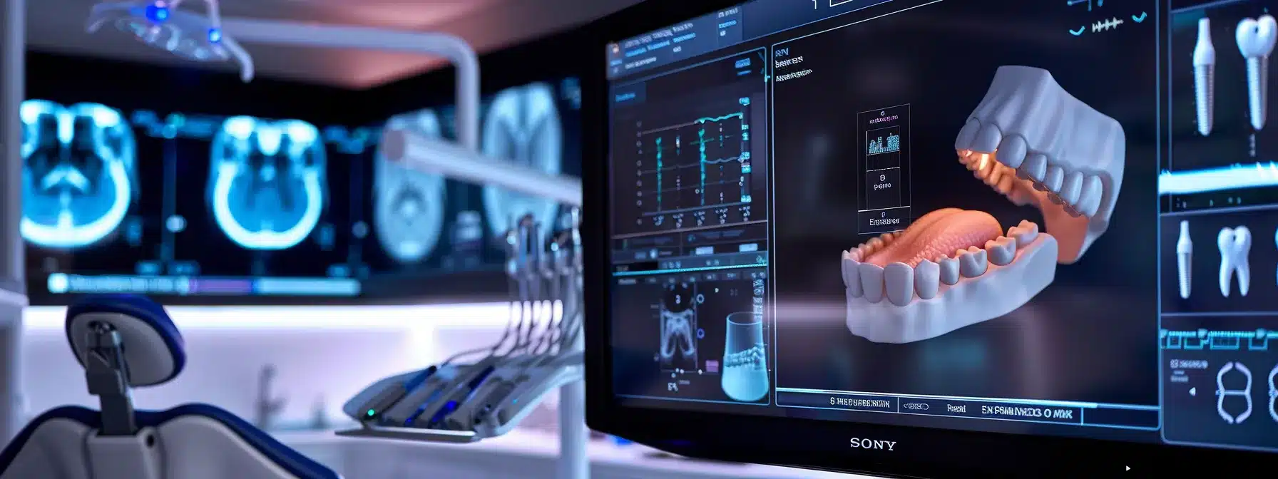a modern dental clinic setting, featuring a sleek dental chair with advanced imaging technology and a clear display of digital charts that highlight information on gum regression and dental implants, illuminated by bright, clinical lighting that emphasizes the importance of oral health.