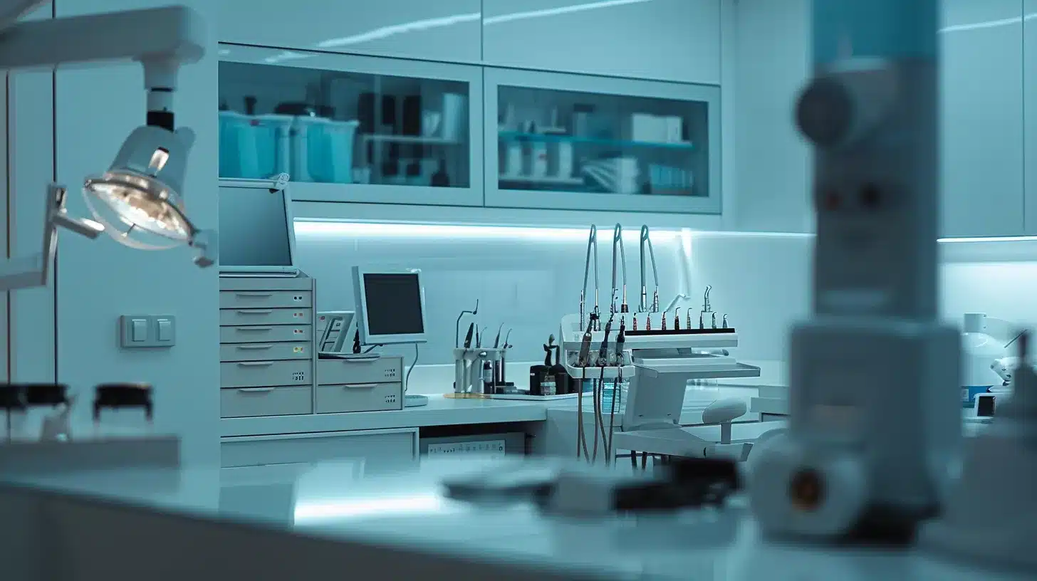 a modern dental clinic setup, showcasing a pristine examination room with sophisticated dental equipment, including an elaborate dental implant model and dental bridge samples prominently displayed, emphasizing the contrast between these two restorative options.