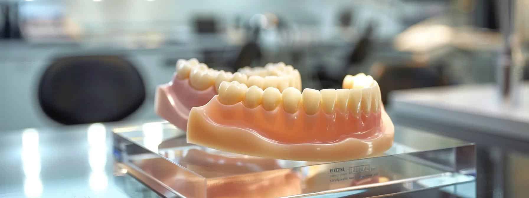 a modern dental clinic showcases a close-up of a patient comfortably wearing snap-on dentures, accentuated by sleek mini dental implants visible in a high-tech treatment room with professional dental equipment in the background.