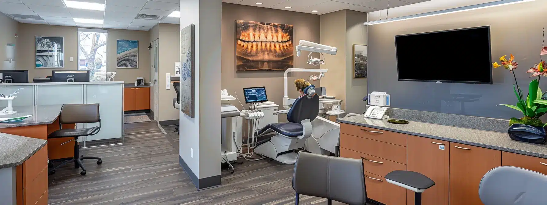 a modern dental clinic showcases a focused dentist examining a patient's jaw using advanced imaging technology, emphasizing the critical evaluation of bone density for successful dental implant placement.