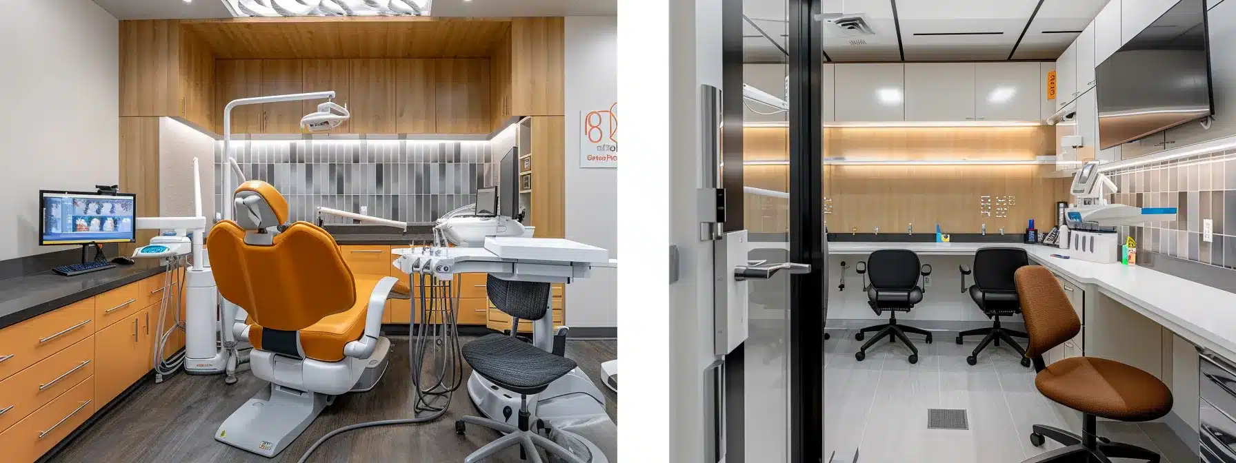 a modern dental clinic showcases a focused dental professional examining a patient's mouth using advanced equipment, highlighting the importance of meticulous oral care and treatment options for gum disease management before and after dental implant procedures.