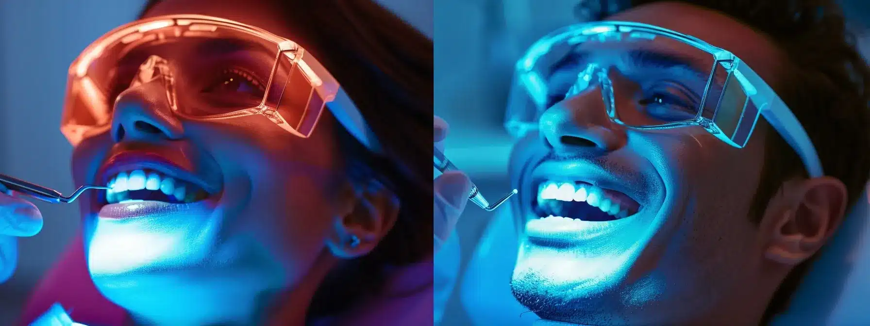 a modern dental clinic with a sleek, high-tech dental chair and a close-up of a patient smiling confidently after receiving dental implants, illuminated by bright, sterile lighting that emphasizes the transformative effects on oral health and aesthetics.
