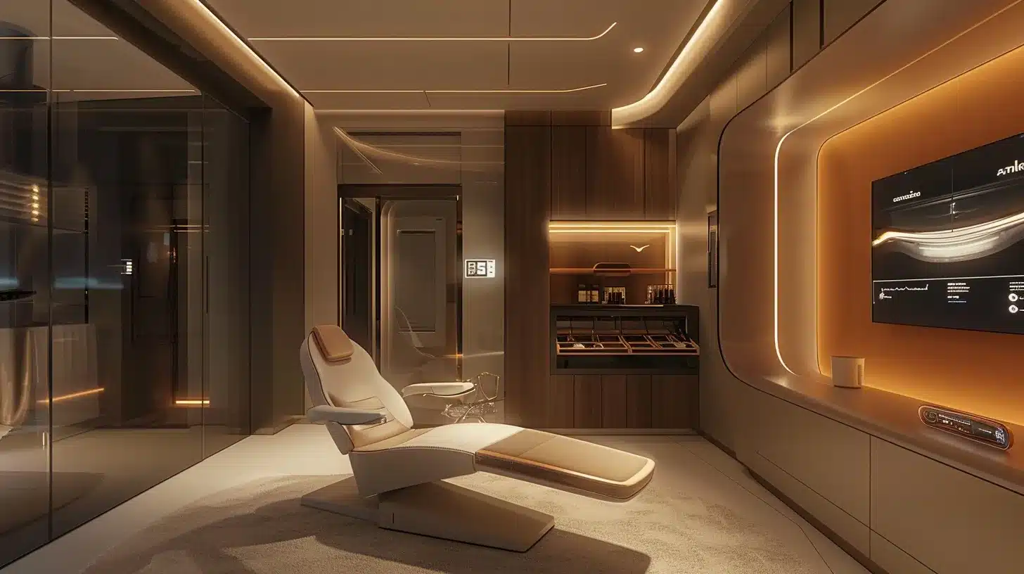 a modern dental consultation room, illuminated by soft overhead lighting, features an inviting chair and a digital display showcasing treatment options, emphasizing the thoughtful steps patients can take towards informed choices in dental care.