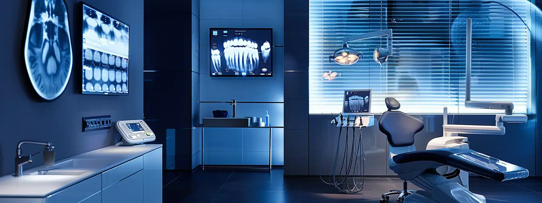 a modern dental consultation room in denton, featuring a sleek examination chair, digital diagnostic tools, and a display screen showcasing dental implants, all illuminated with bright clinical lighting to emphasize a professional and sterile environment.