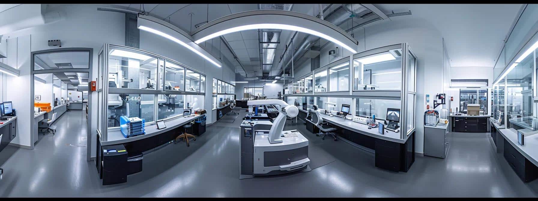 a modern dental laboratory showcases advanced on-site facilities featuring sleek milling machines and 3d printers, illuminated by bright overhead lighting, as technicians collaborate with dentists on intricate prosthetic designs and shade matching, emphasizing efficiency and precision in dental care.