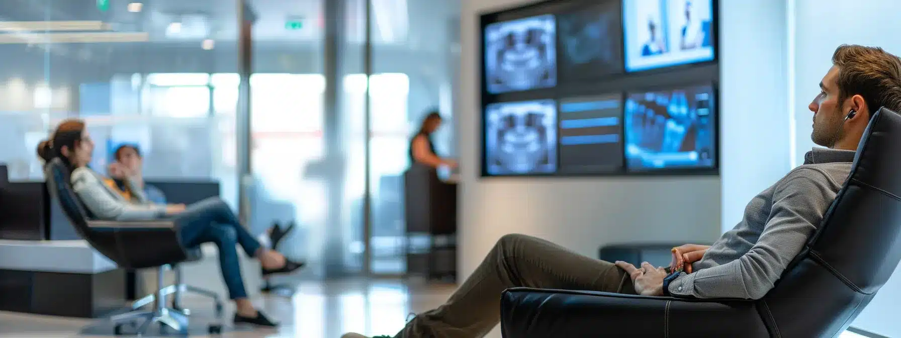 a modern dental office consultation room, featuring a sleek dental chair and digital display screens showing information about dental implants, with a focus on a concerned patient engaged in dialogue with a knowledgeable dentist about gum infection risks and treatment options.