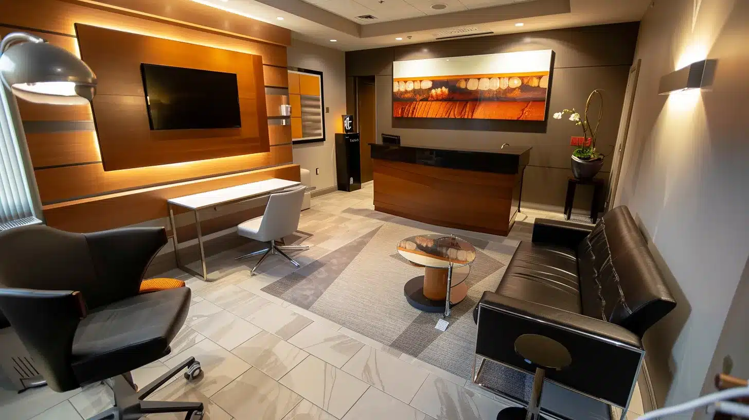 a modern dental office featuring a sleek consultation area with a state-of-the-art diagnostic imaging setup, where a patient engages in an informative discussion with a compassionate dental professional about the all-on-4 procedure and porcelain options.