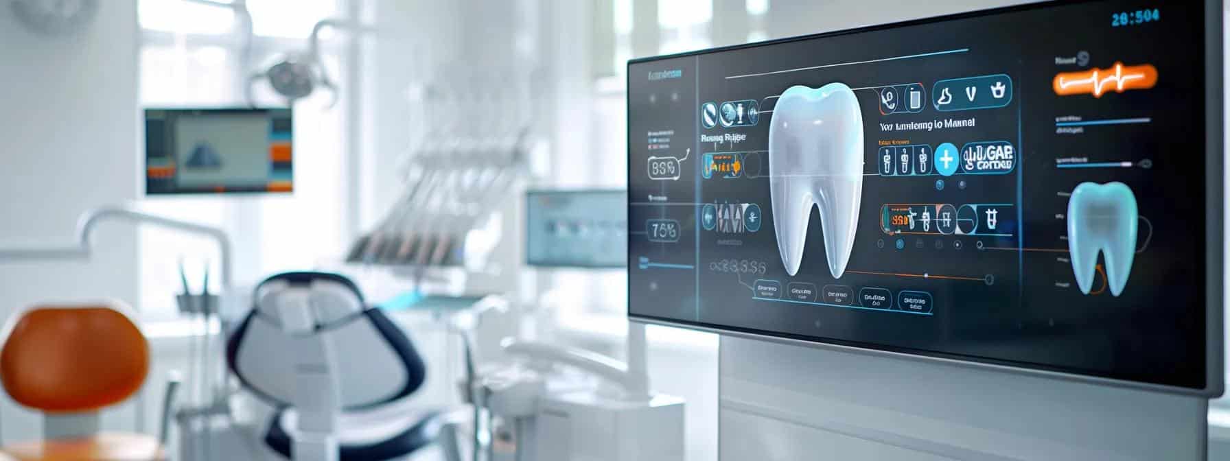 a modern dental office features a sleek, digital display showcasing an infographic of tiered denture pricing and procedure benefits, with a backdrop of polished workstations and comfortable patient seating, highlighting the theme of transparency in dental financial choices.