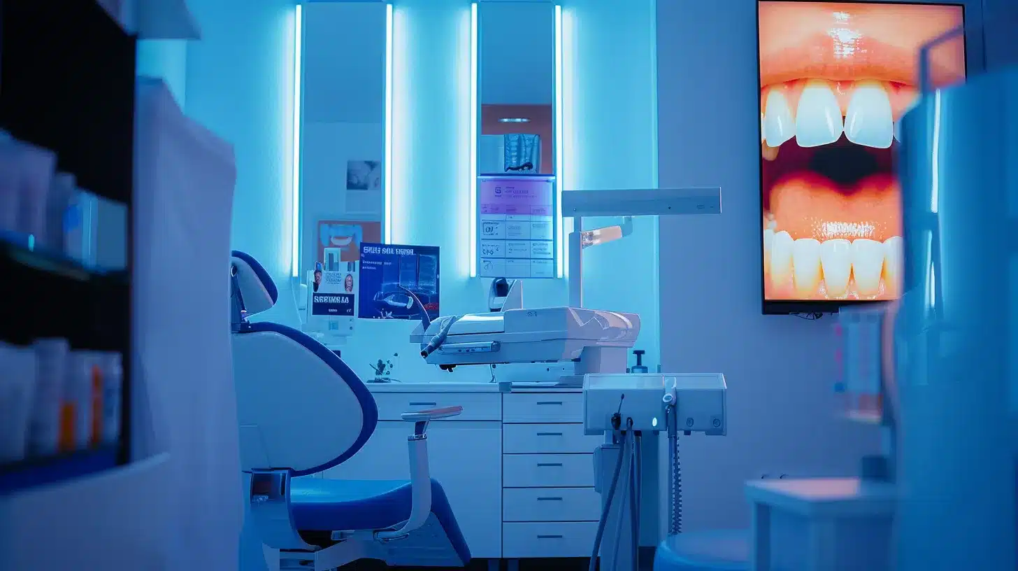 a modern dental office featuring a confident patient consulting with a knowledgeable dentist, surrounded by advanced dental technology and informative brochures on dental implants and dentures, all illuminated by bright, clinical lighting to emphasize the importance of informed choices for oral health.