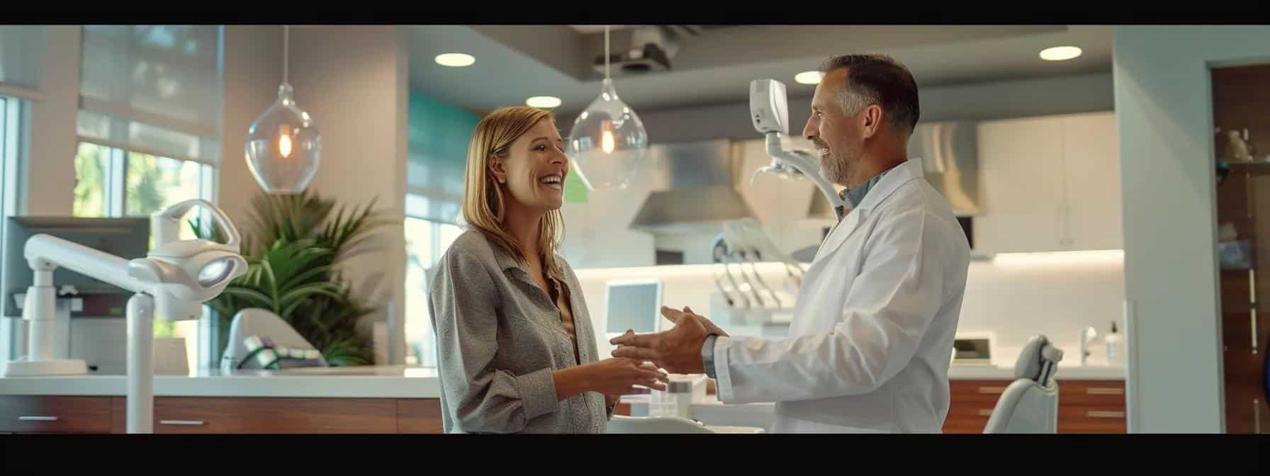 a modern dental office featuring a friendly dentist discussing flexible financing options with a patient, illuminated by bright, professional lighting that emphasizes the welcoming atmosphere for affordable denture solutions.