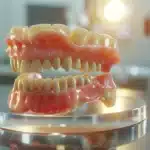 a modern dental office, featuring a close-up view of a patient smiling confidently, showcasing gleaming denture implants prominently displayed against a sleek, high-tech dental chair with soft, ambient lighting.