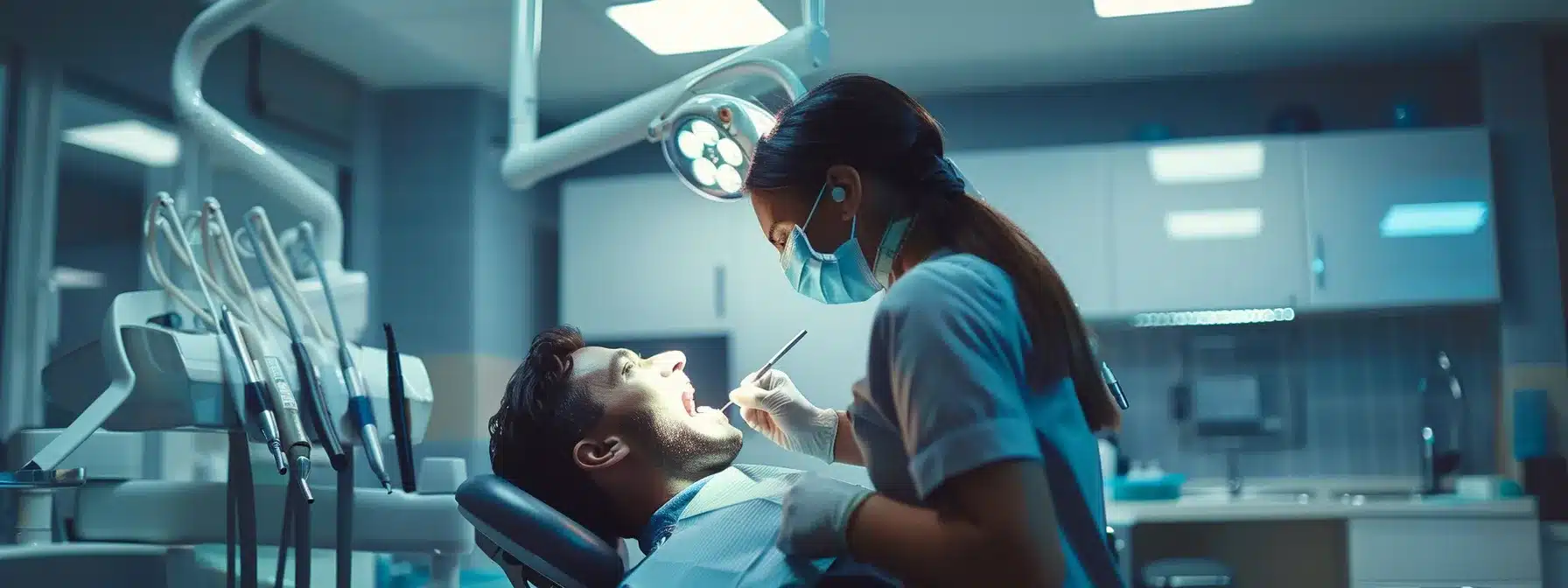 a modern dental office, featuring a sleek treatment chair and state-of-the-art equipment, showcases a focused dental professional carefully placing a dental implant into a patient's jaw, illuminated by bright overhead lights that highlight the precision of the procedure.