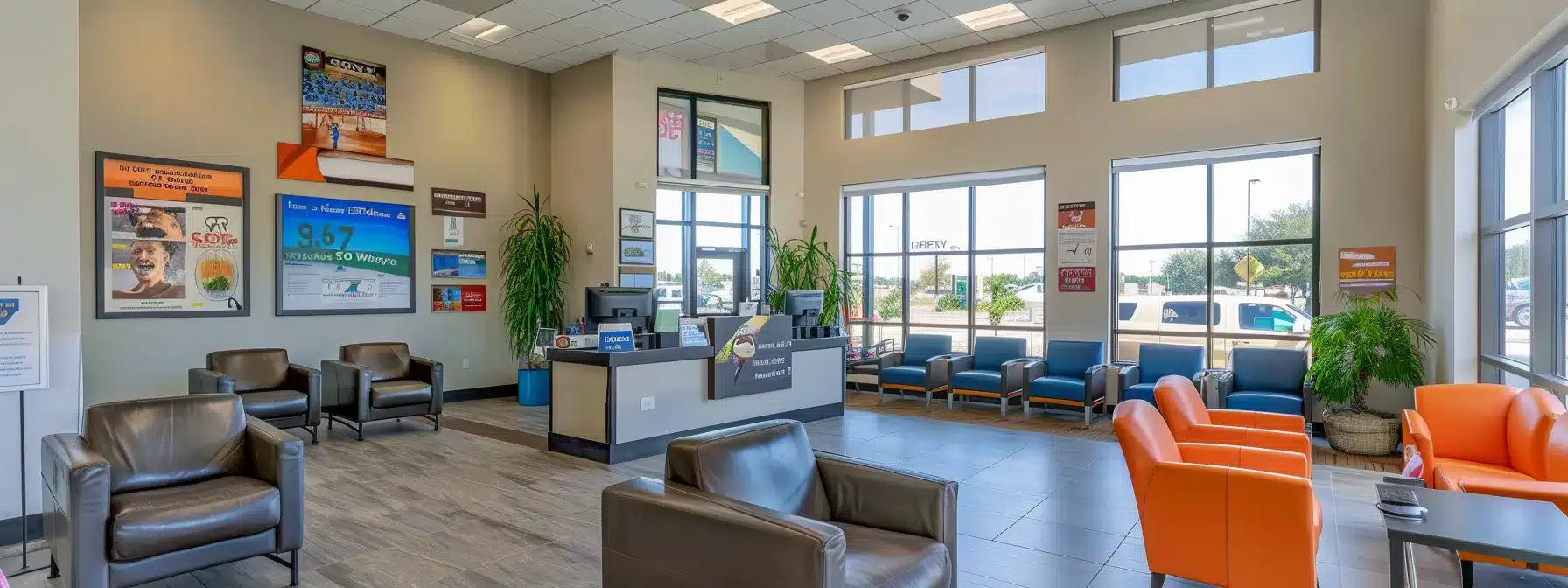a modern dental office in city lake worth, texas, showcases patients receiving affordable care with cheerful staff and vibrant posters highlighting tips for maintaining oral hygiene and managing dental costs effectively.