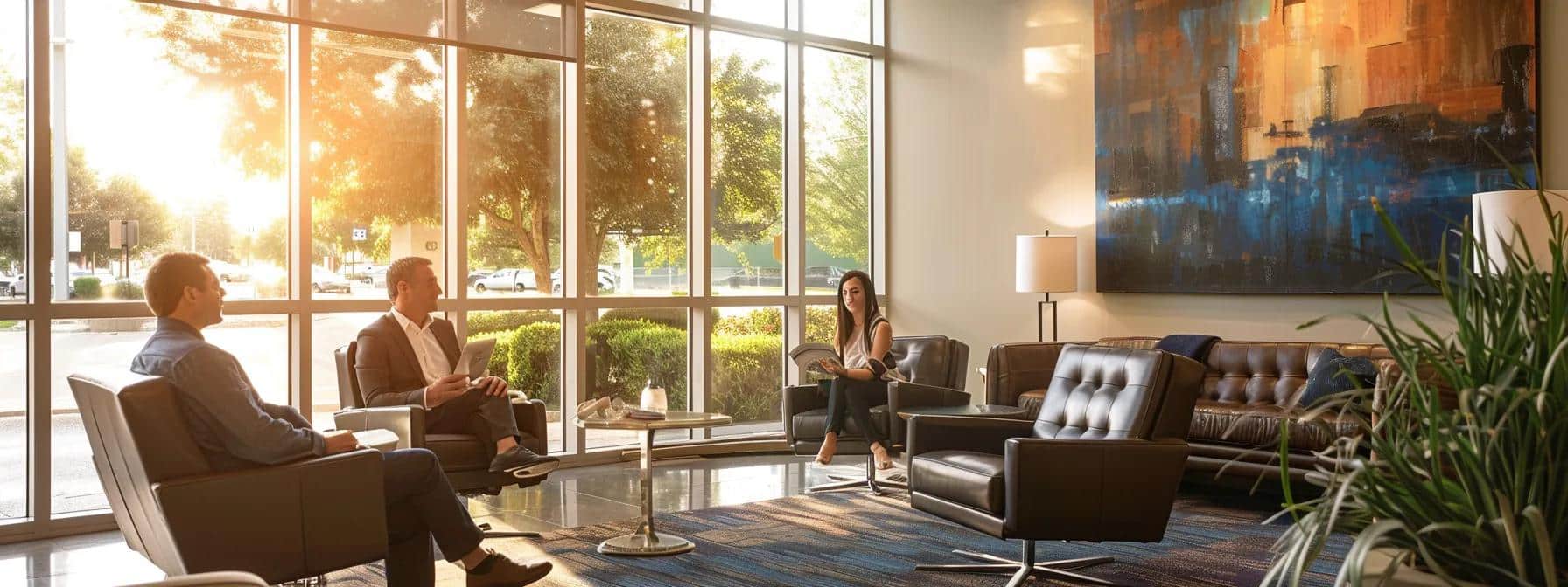 a modern dental office in tyler, texas, featuring a friendly dental professional discussing flexible payment plans with a patient in a welcoming and well-lit consultation room, conveying trust and financial accessibility.