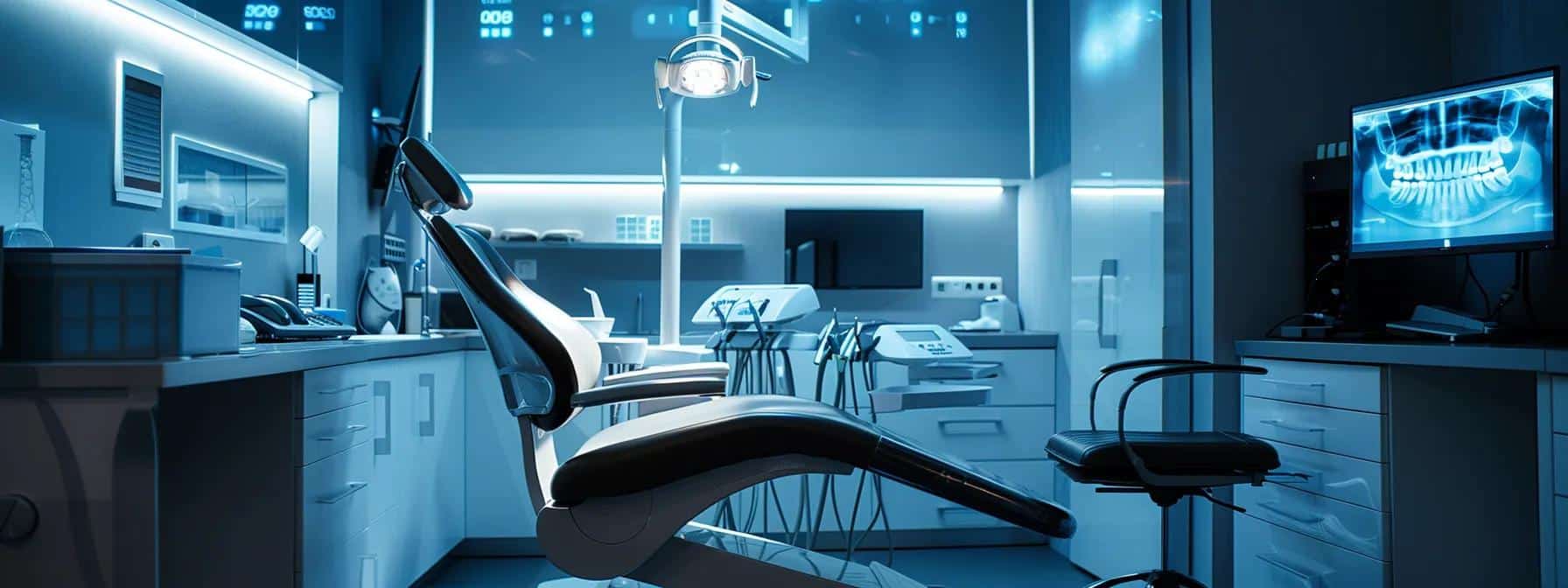a modern dental office in denton, tx, features a sleek, bright consultation room with a state-of-the-art dental chair, showcasing digital scanning equipment and a display of custom dentures, emphasizing innovation in patient care and comfort.