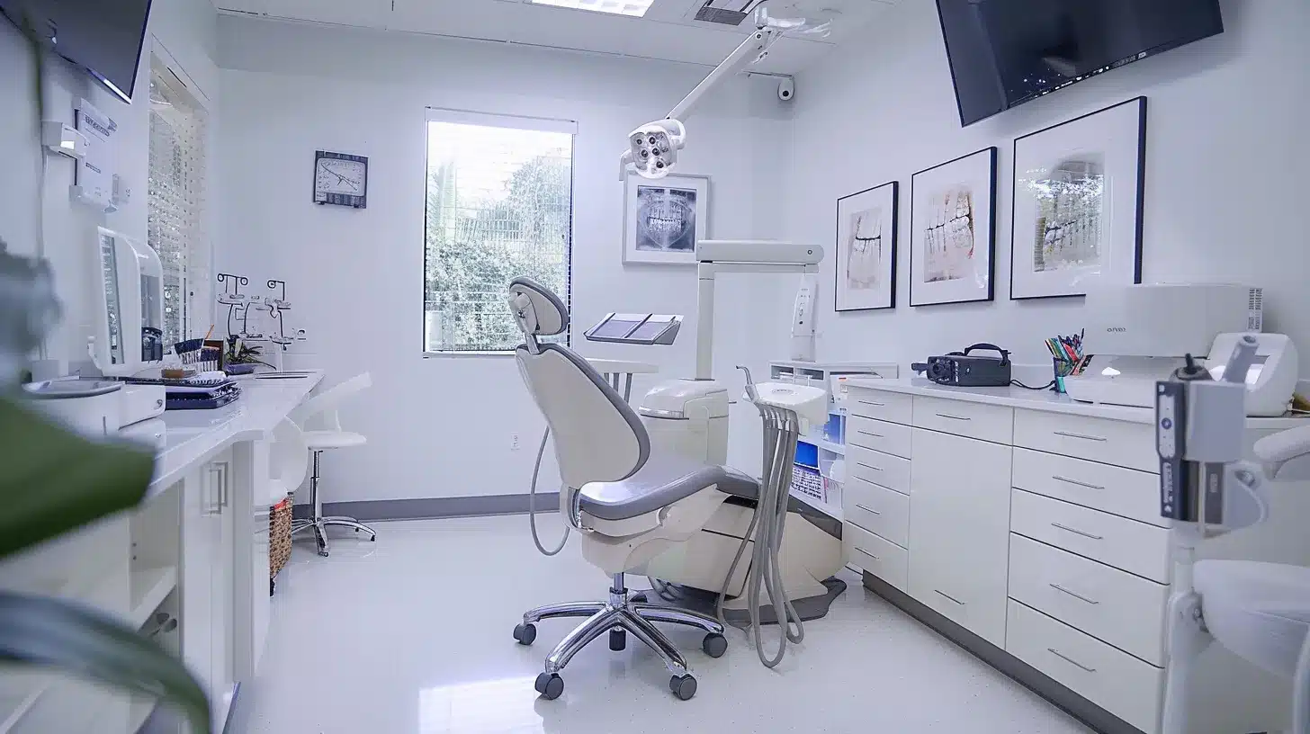 a modern dental office in lake worth, featuring a sophisticated consultation area with sleek furnishings and professional staff engaged in a discussion, illuminated by warm, welcoming lighting, emphasizing a focus on patient care and expert dental implant services.