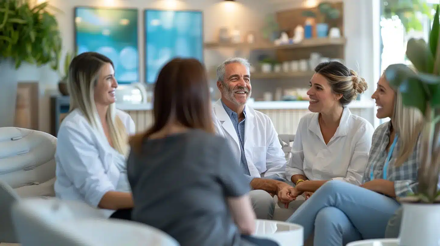 a modern dental office in lake worth, featuring a warm and inviting reception area with patients engaging in discussions about all-on-4 dental implants and traditional dentures, emphasizing a confident smile transformation.