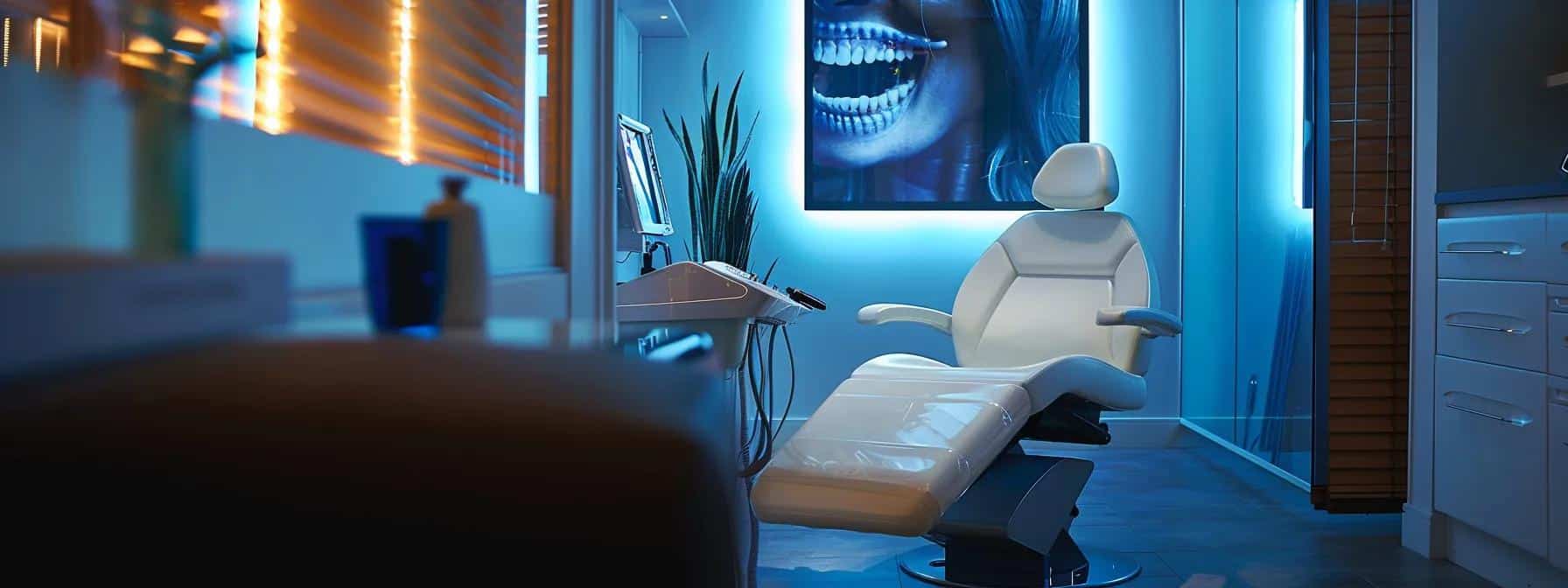 a modern dental office in denton showcases a sleek consultation room with high-end denture displays, highlighting diverse options from economical acrylic to luxurious porcelain-fused models, emphasizing comfort and aesthetics in a professional setting.