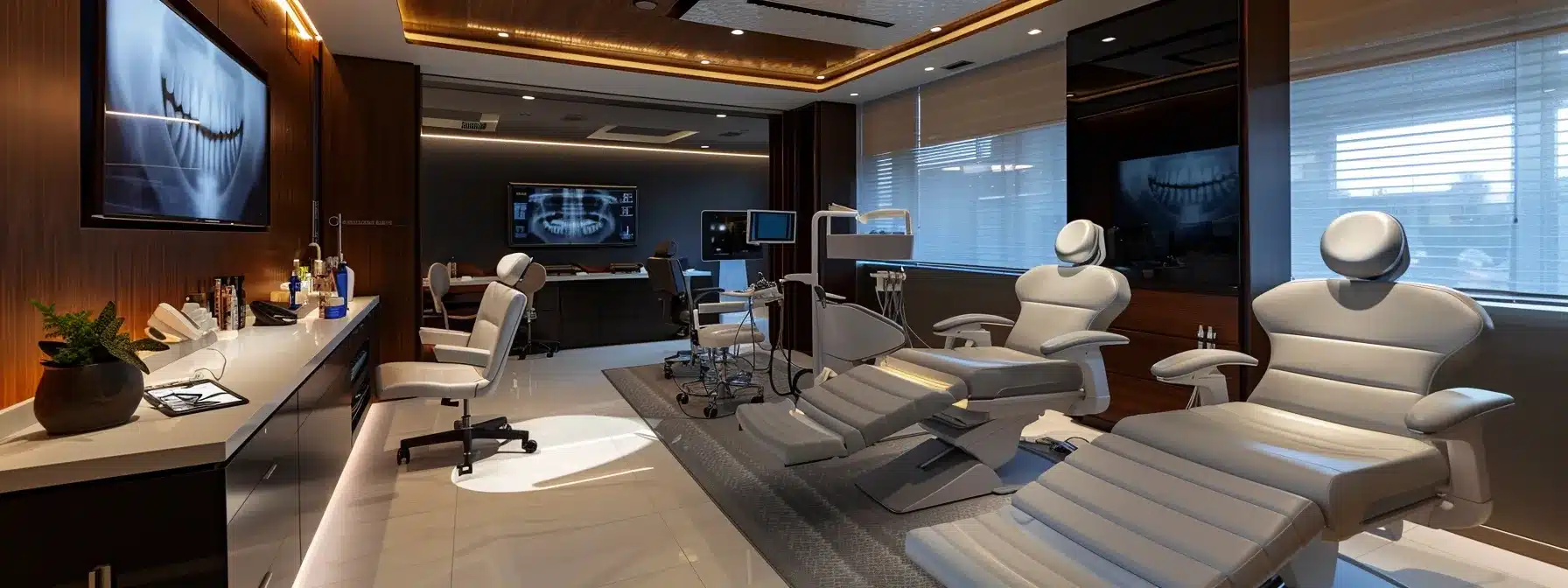 a modern dental office in fort worth, featuring an immaculate treatment room with advanced whitening equipment, gleaming white dental chairs, and a patient reviewing a variety of teeth whitening options displayed on a sleek digital tablet.