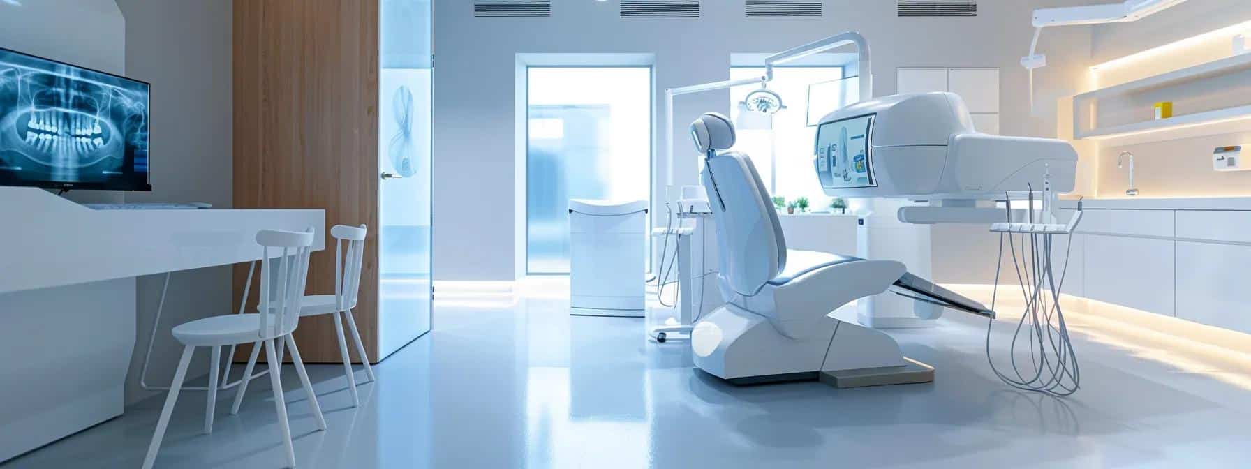 a modern dental office in haltom city showcases a sleek consultation area with advanced technology, featuring a digital x-ray machine, 3d scanner, and comfortable seating, emphasizing a patient-centered approach to dental treatment.