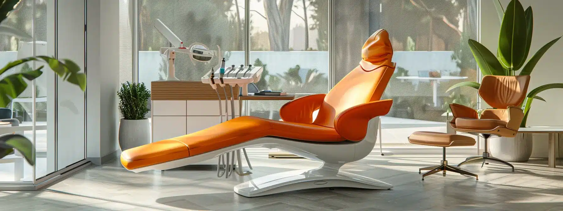 a modern dental office in fort worth showcases a bright, inviting consultation room with a sleek whitening treatment chair, glimmering dental tools, and a confident individual admiring their newly brightened smile in a large, polished mirror.
