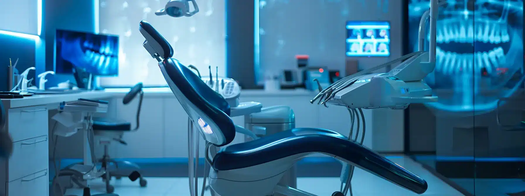 a modern dental office in tyler, featuring a patient consultation area with a sleek, high-tech dental chair, surrounded by digital displays illustrating the step-by-step process of receiving dentures or implants, highlighting a professional atmosphere that reflects local expertise and patient-centered care.
